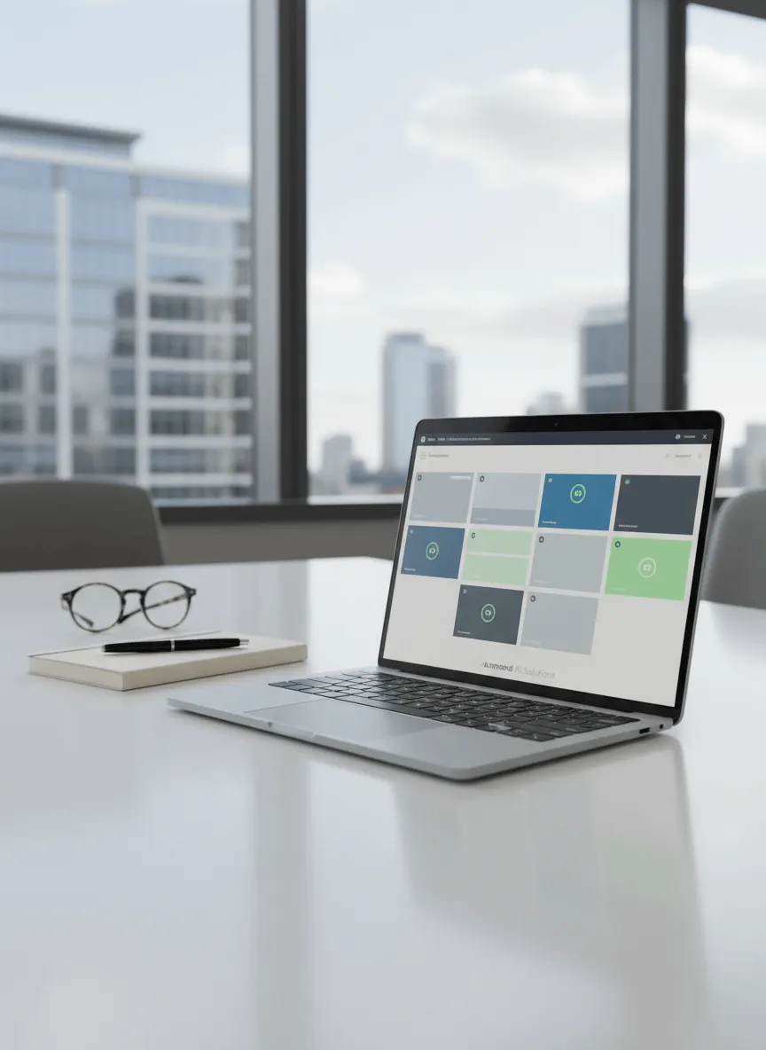 Laptop displaying an abstract secure workflow interface