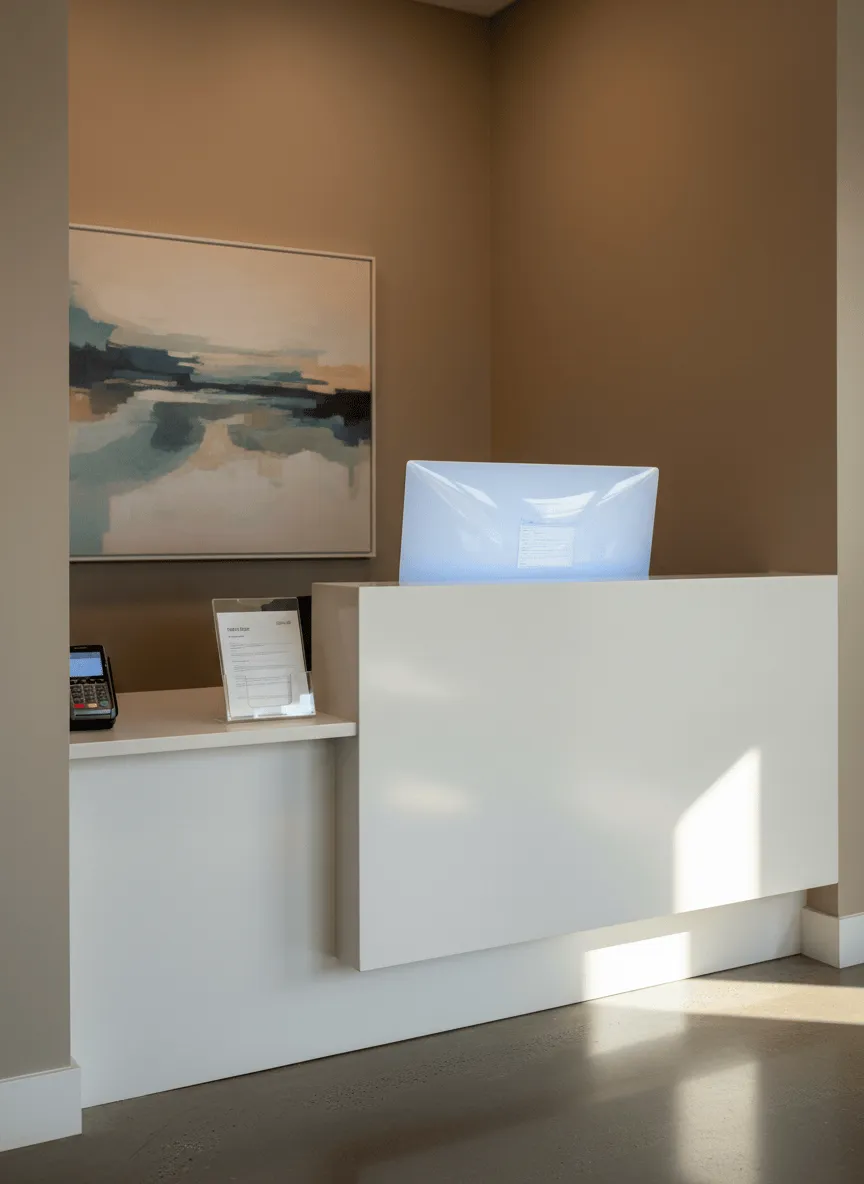 A serene behavioral health practice reception desk