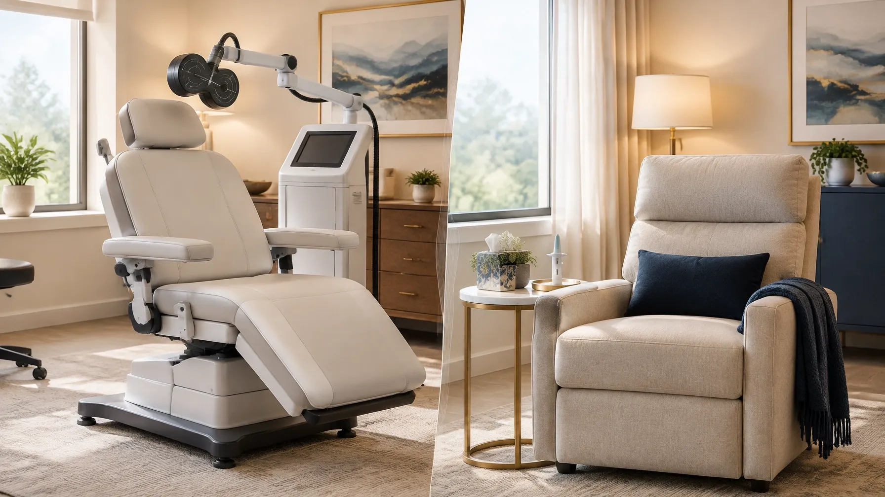 Calm treatment setting with a TMS therapy chair and Spravato observation recliner
